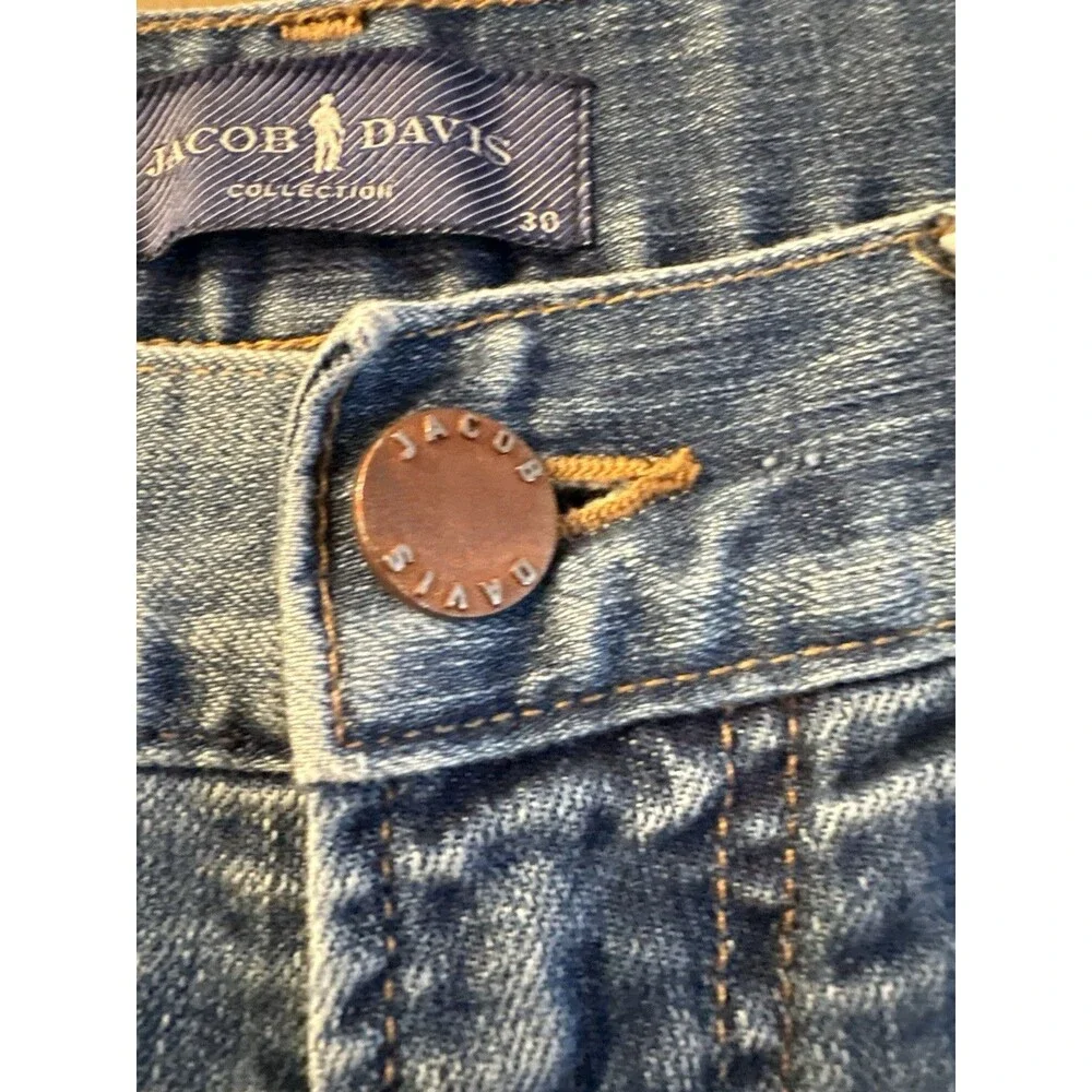 Jacob Davis medium-wash denim jeans featuring a distinct copper-toned 30x34